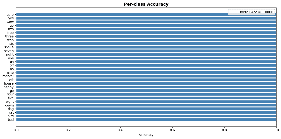 Per-class accuracy — 100% for all 30 speech commands